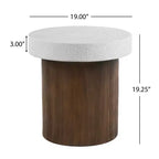 Tavolino rotondo con piano effetto pietra e base effetto legno