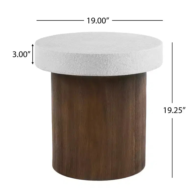 Tavolino rotondo con piano effetto pietra e base effetto legno