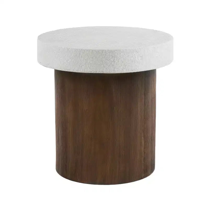 Tavolino rotondo con piano effetto pietra e base effetto legno
