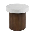Tavolino rotondo con piano effetto pietra e base effetto legno