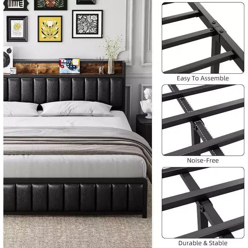 Struttura letto imbottita con testiera contenitore e porte USB
