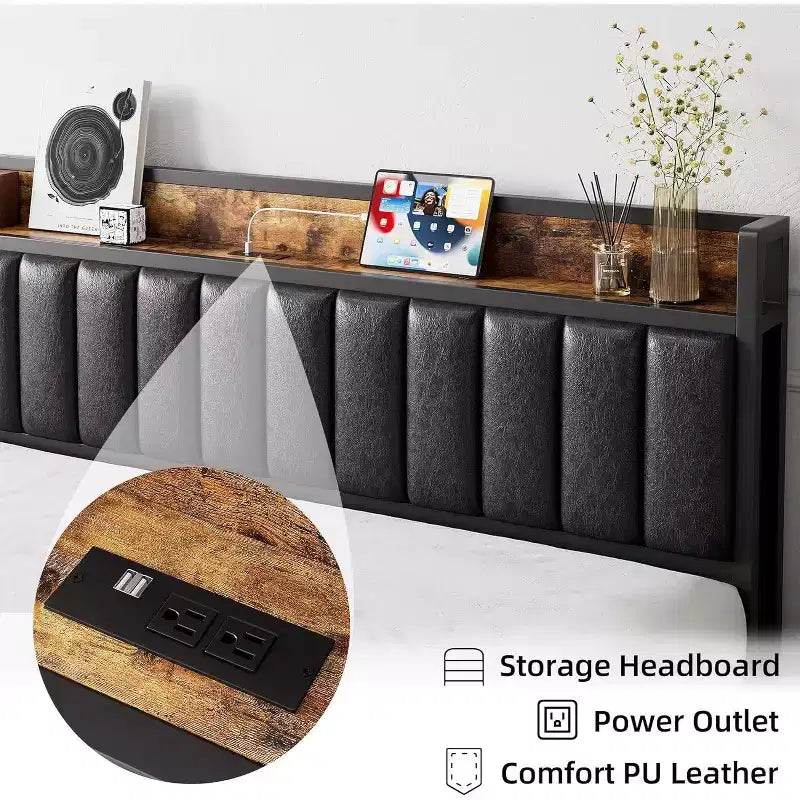 Struttura letto imbottita con testiera contenitore e porte USB