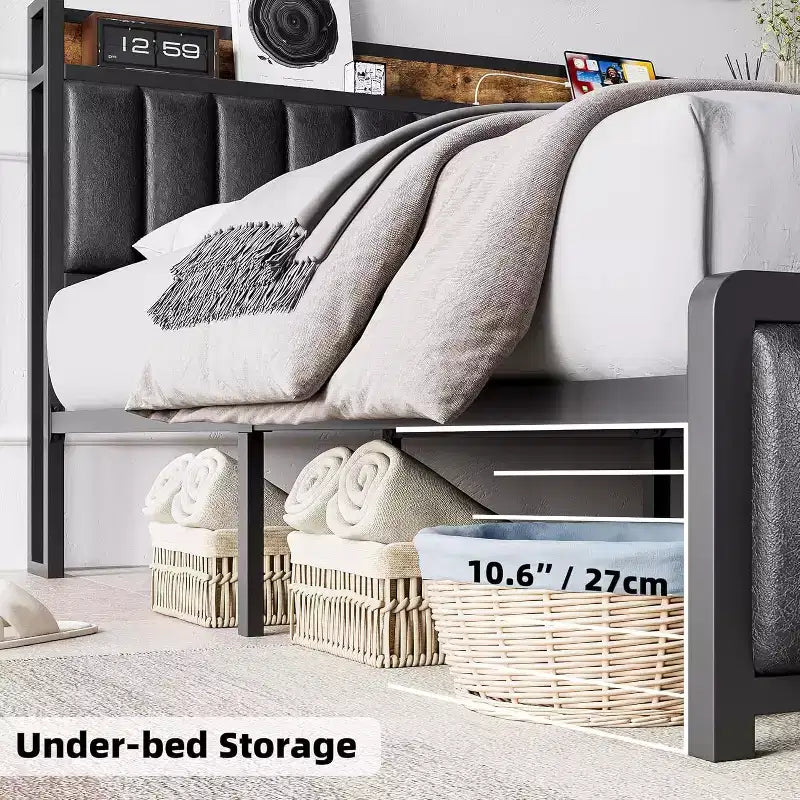 Struttura letto imbottita con testiera contenitore e porte USB