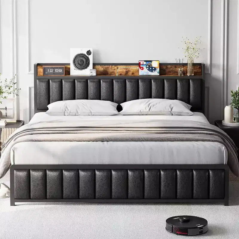 Struttura letto imbottita con testiera contenitore e porte USB