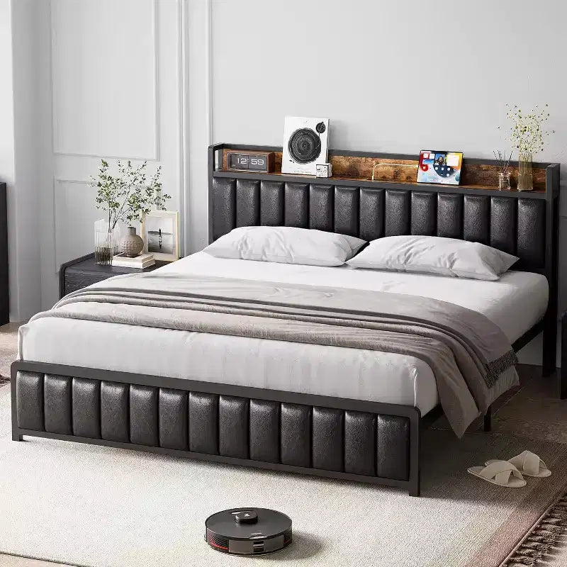 Struttura letto imbottita con testiera contenitore e porte USB