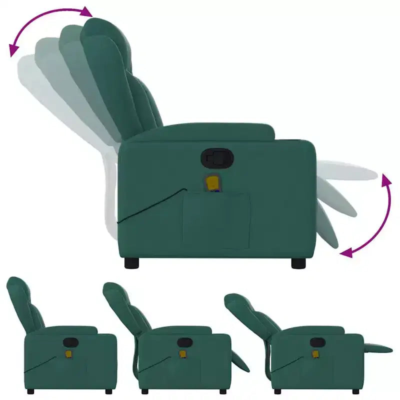 Poltrona massaggiante reclinabile in tessuto verde scuro con vibrazione USB e portabicchieri