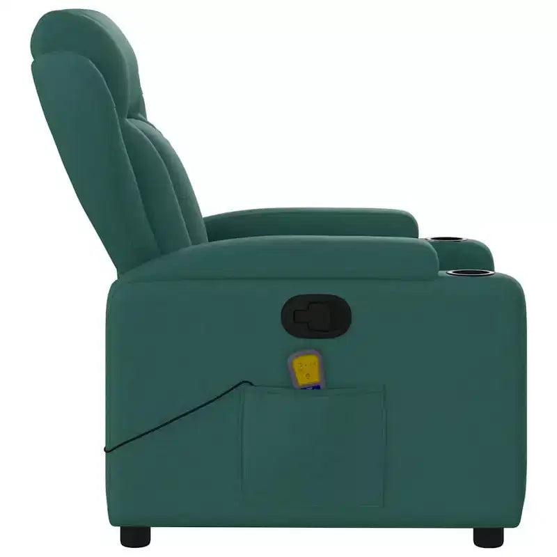 Poltrona massaggiante reclinabile in tessuto verde scuro con vibrazione USB e portabicchieri