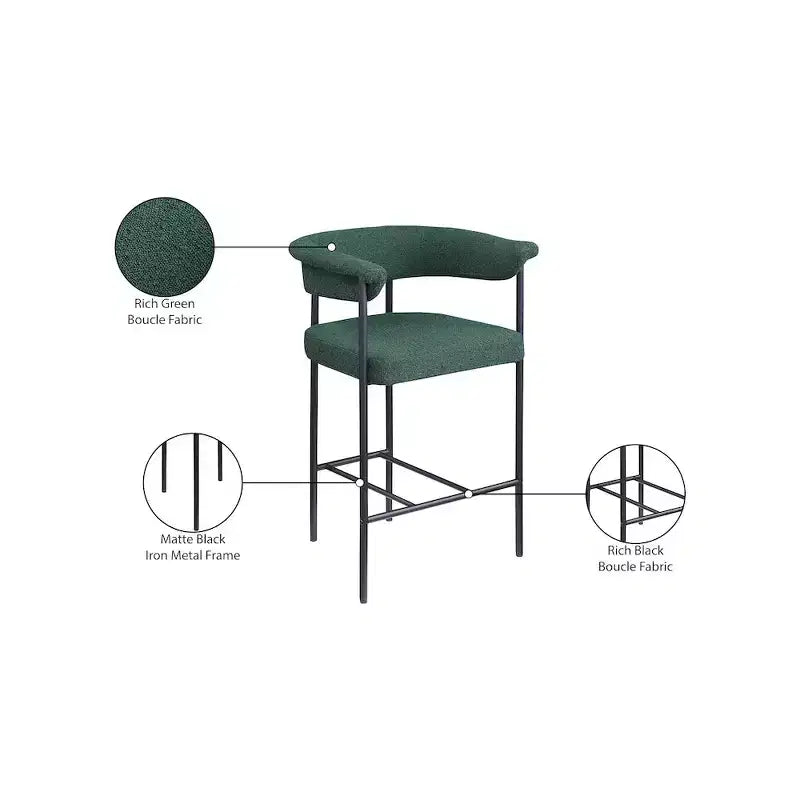 Sgabello da bancone in tessuto bouclé verde, set da 2