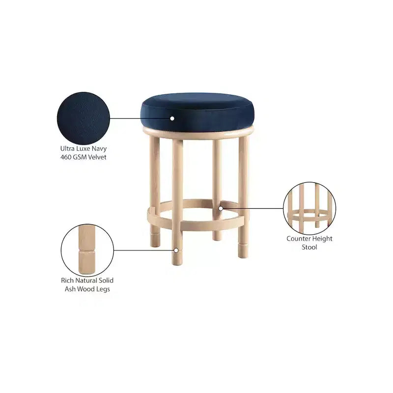 Sgabello da bancone in velluto blu navy con gambe in legno
