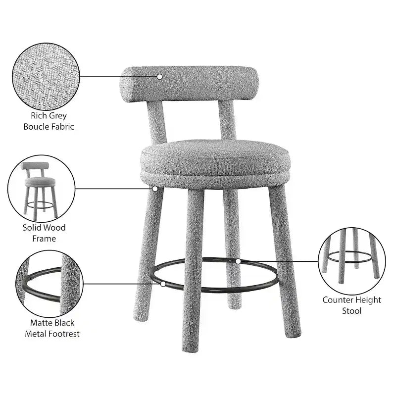 Sgabello da bancone in tessuto bouclé grigio, set da 2