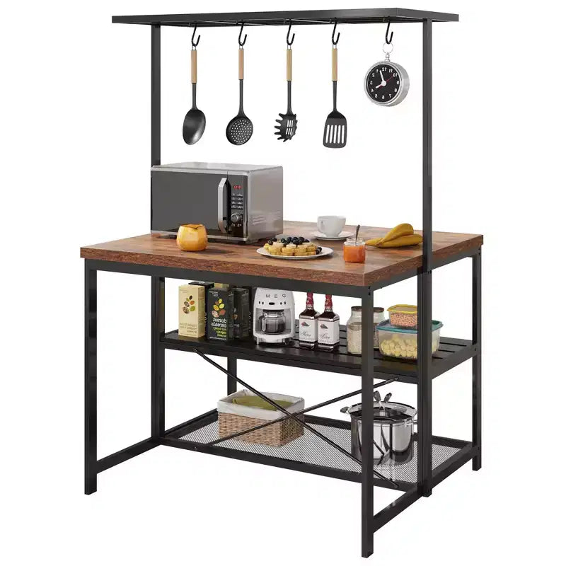 Isola da cucina da 47" con ripiani, prese di corrente e piano in legno