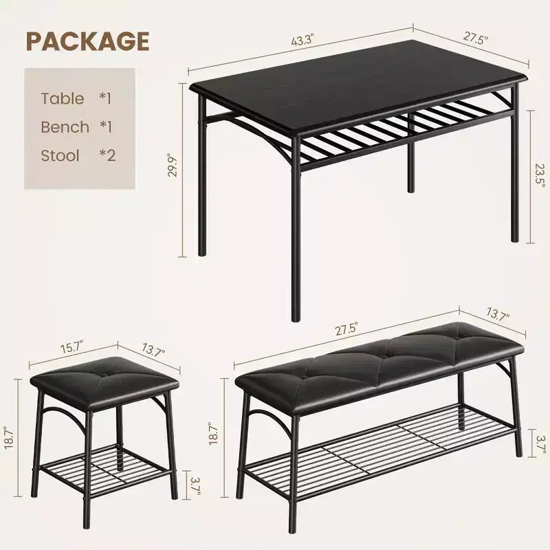 Set da pranzo quadrato per 4 – Tavolo in MDF, struttura in ferro, panca e 2 sgabelli con contenitore