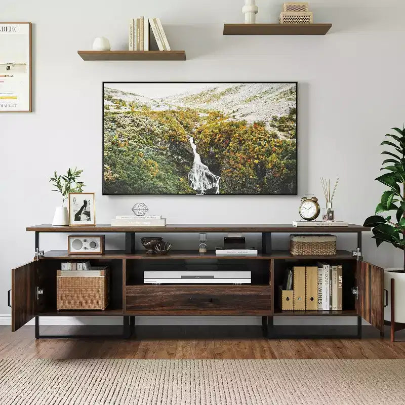 Mobile porta TV da 70" con cassetto e armadietti laterali, struttura in metallo, adatto per TV fino a 75"
