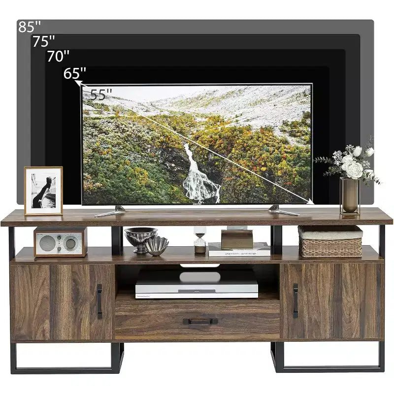 Mobile porta TV da 70" con cassetto e armadietti laterali, struttura in metallo, adatto per TV fino a 75"