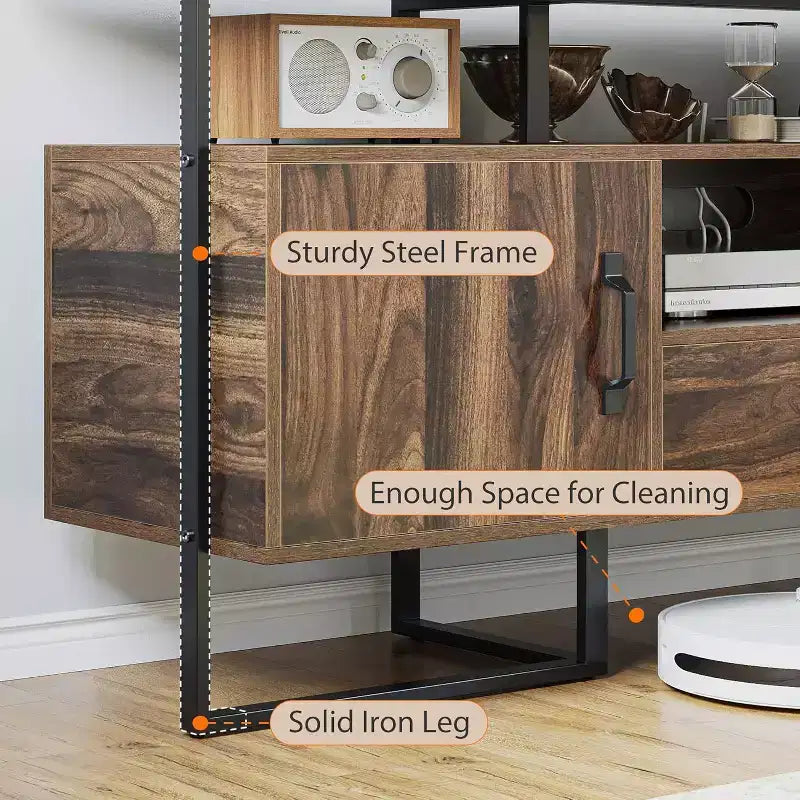 Mobile porta TV da 70" con cassetto e armadietti laterali, struttura in metallo, adatto per TV fino a 75"