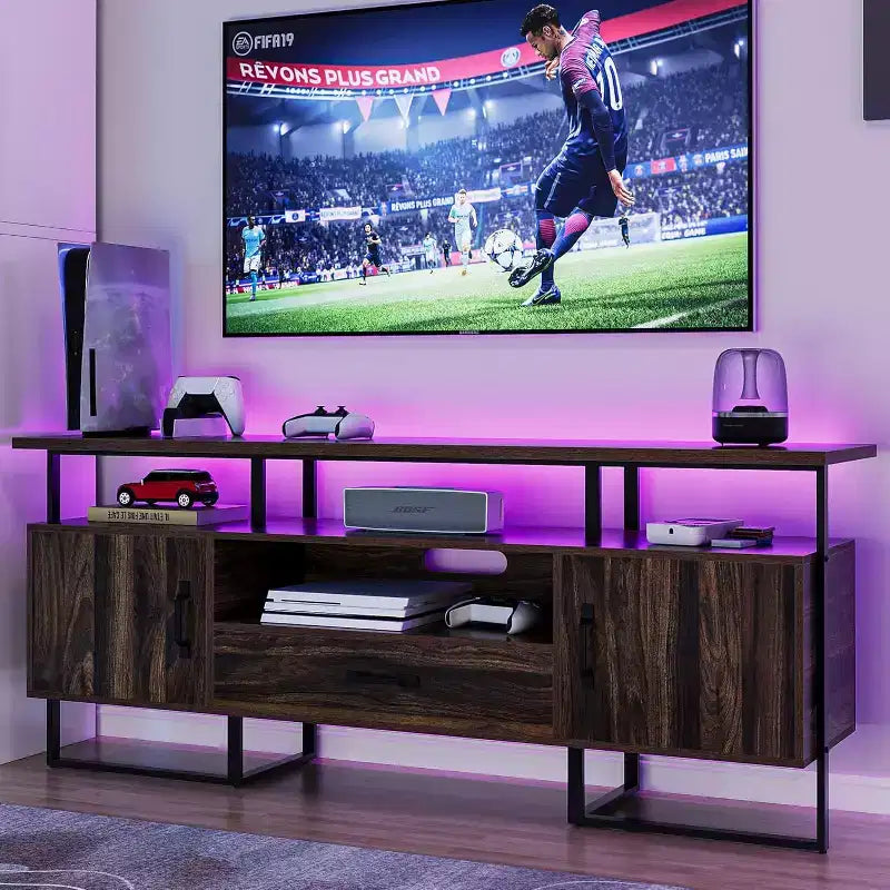 Mobile porta TV da 70" con cassetto e armadietti laterali, struttura in metallo, adatto per TV fino a 75"