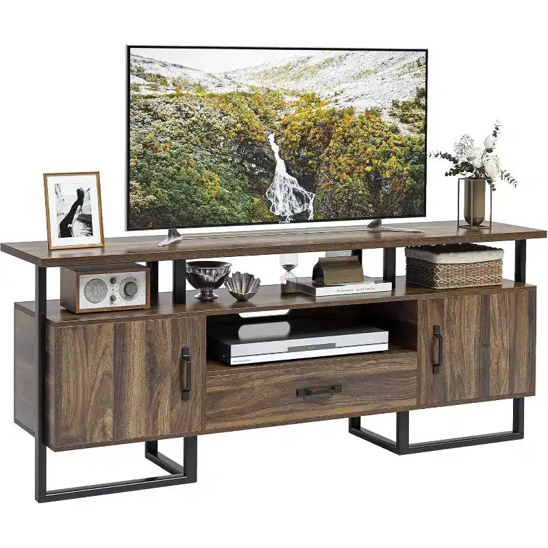Mobile porta TV da 70" con cassetto e armadietti laterali, struttura in metallo, adatto per TV fino a 75"