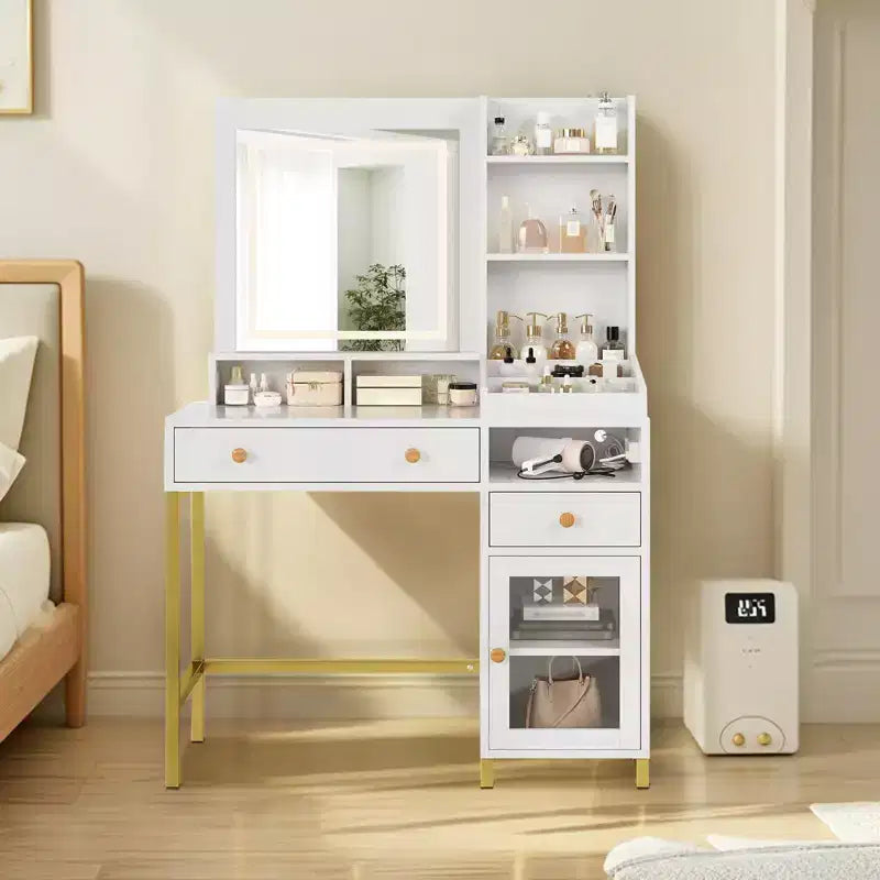 Toeletta con specchio illuminato, grande tavolo da trucco con presa di corrente, 2 cassetti, 1 armadietto e ripiani a giorno per la camera da letto