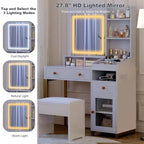 Toeletta con specchio illuminato, grande tavolo da trucco con presa di corrente, 2 cassetti, 1 armadietto e ripiani a giorno per la camera da letto