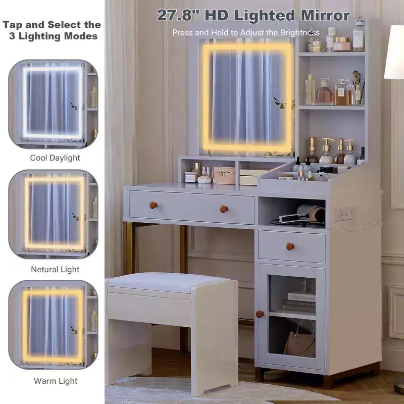 Toeletta con specchio illuminato, grande tavolo da trucco con presa di corrente, 2 cassetti, 1 armadietto e ripiani a giorno per la camera da letto