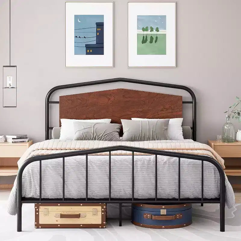 Full Size Bed Frame, Heavy Duty Metal Platform, Wooden Headboard and Footboard, Large Under Bed Storage, Noise Free, No Box Spring Needed, Walnut
