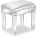 VINGLI Mirrored Vanity Stool with Storage, Faux Leather Ottoman, Makeup Dressing Table Bench, Silver