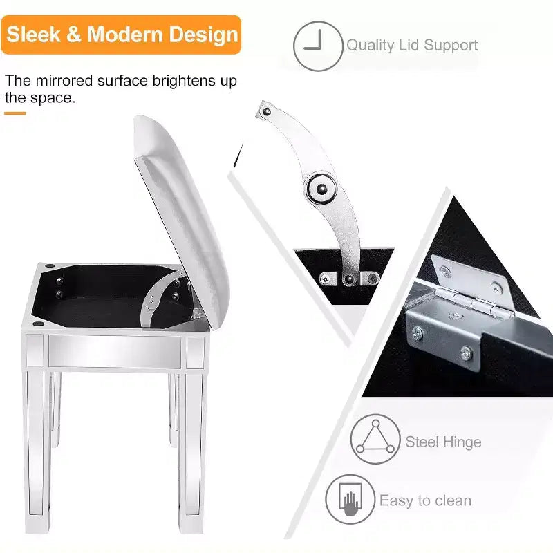 Sgabello da toeletta a specchio con contenitore, sedile in similpelle, argento