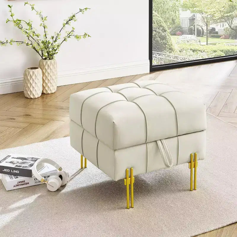 TUYOHW 22 Inches Anti-scratch Leather Storage Ottoman, Pet Friendly Entryway Bench with Golden Stainless Steel Legs, Beige