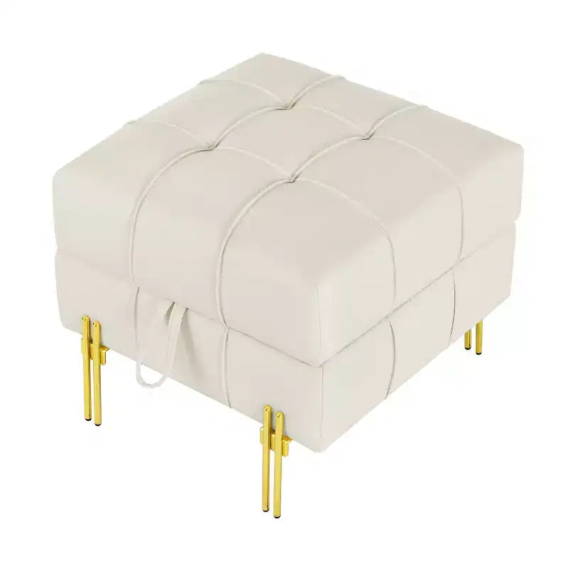 Pouf Contenitore Quadrato da 56 cm con Rivestimento in Similpelle Trapuntata e Gambe in Metallo, Beige