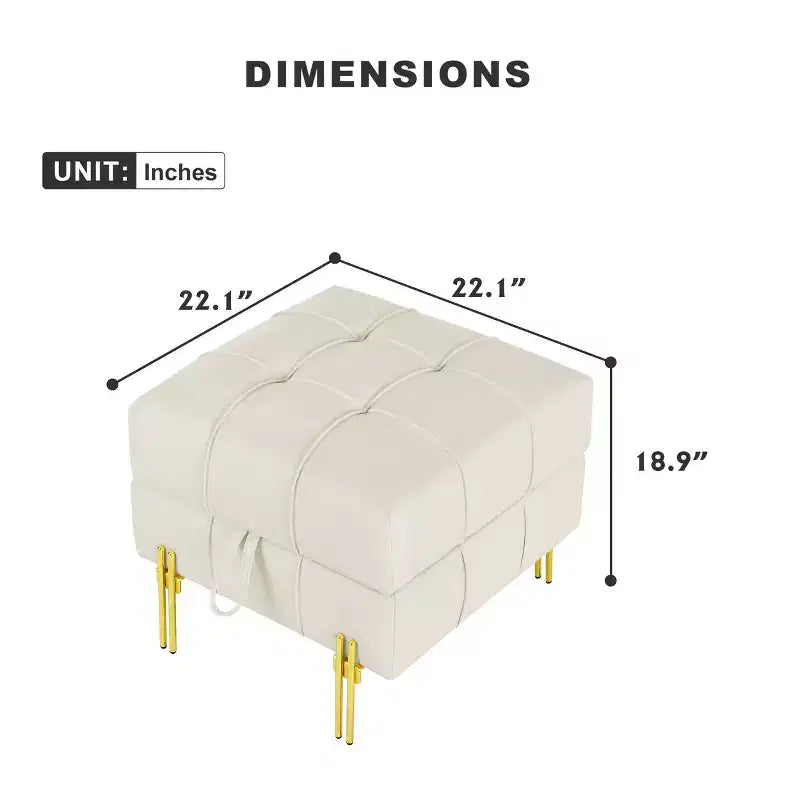 Pouf Contenitore Quadrato da 56 cm con Rivestimento in Similpelle Trapuntata e Gambe in Metallo, Beige