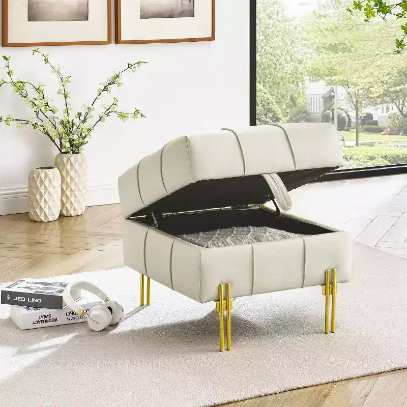 Pouf Contenitore Quadrato da 56 cm con Rivestimento in Similpelle Trapuntata e Gambe in Metallo, Beige