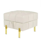 Pouf Contenitore Quadrato da 56 cm con Rivestimento in Similpelle Trapuntata e Gambe in Metallo, Beige