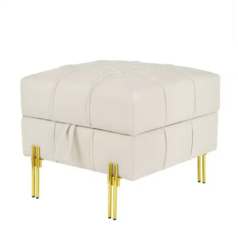 Pouf Contenitore Quadrato da 56 cm con Rivestimento in Similpelle Trapuntata e Gambe in Metallo, Beige