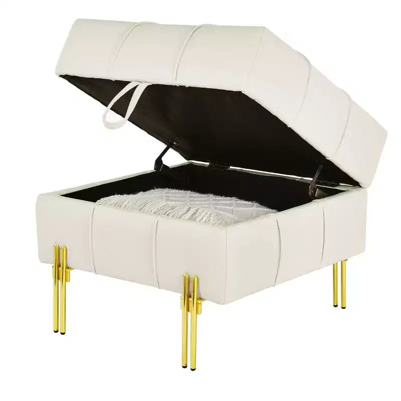 Pouf Contenitore Quadrato da 56 cm con Rivestimento in Similpelle Trapuntata e Gambe in Metallo, Beige