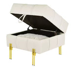Pouf Contenitore Quadrato da 56 cm con Rivestimento in Similpelle Trapuntata e Gambe in Metallo, Beige