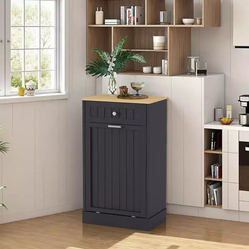 10 Gallon Tilt Out Trash Cabinet, Freestanding Hidden Trash Can Cabinet with Countertop & Drawer, Pet Proof Recycling Cabinet,Tilt Out Laundry Hamper
