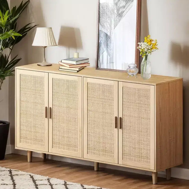 Credenza in Rattan Rustico con 4 Ante e Ripiani Regolabili