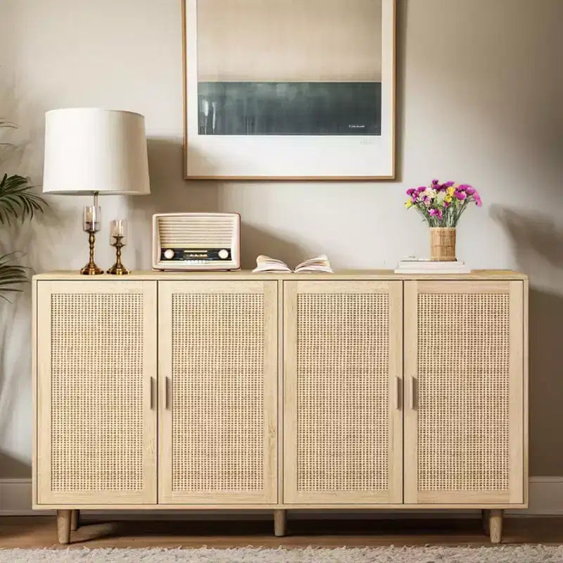 Credenza in Rattan Rustico con 4 Ante e Ripiani Regolabili