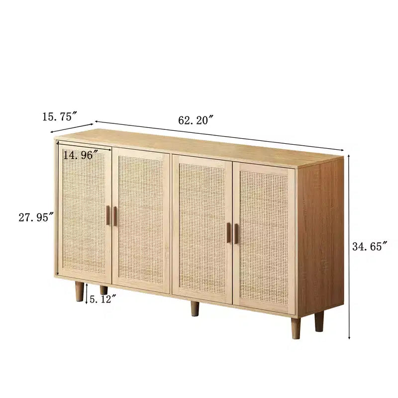 Credenza in Rattan Rustico con 4 Ante e Ripiani Regolabili