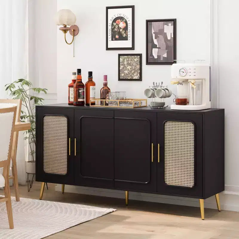 Credenza in Rattan Rustico con 4 Ante e Ripiani Regolabili