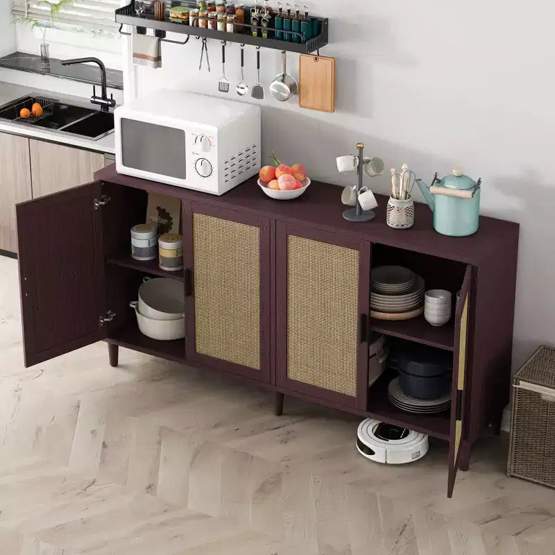 Credenza in Rattan Rustico con 4 Ante e Ripiani Regolabili