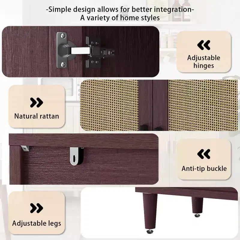Credenza in Rattan Rustico con 4 Ante e Ripiani Regolabili