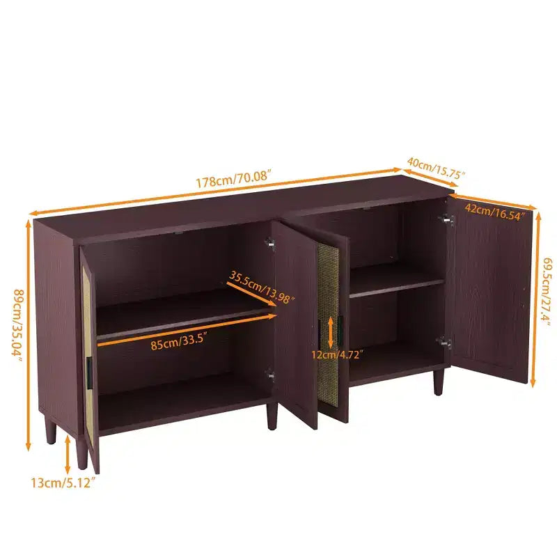 Credenza in Rattan Rustico con 4 Ante e Ripiani Regolabili