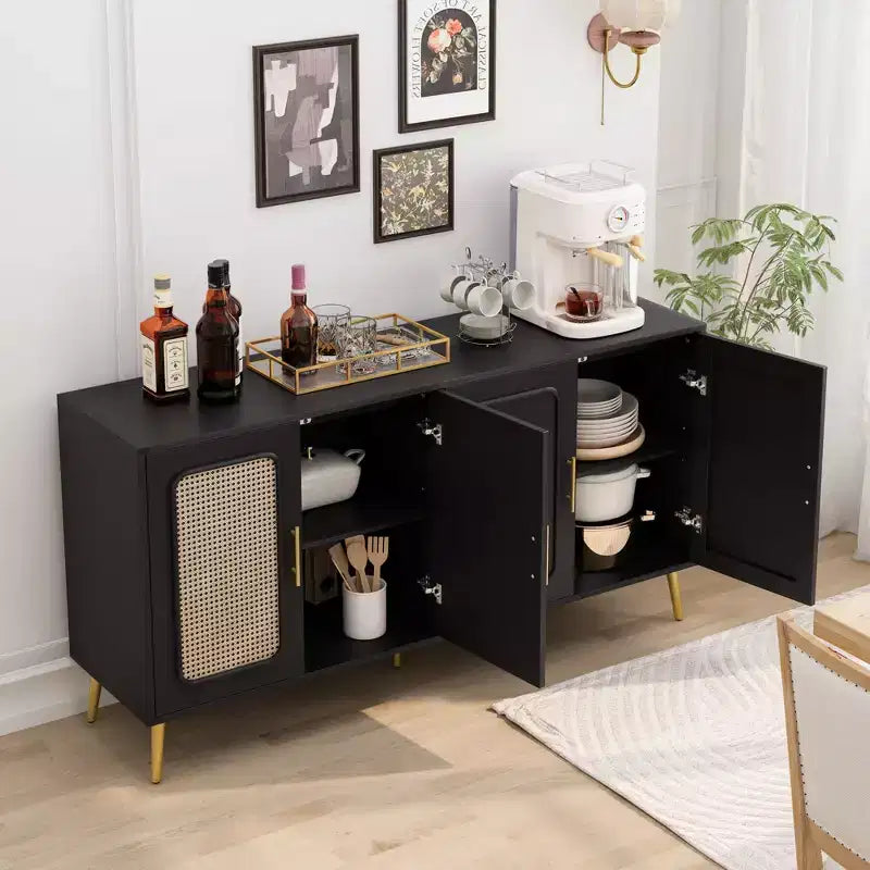 Credenza in Rattan Rustico con 4 Ante e Ripiani Regolabili