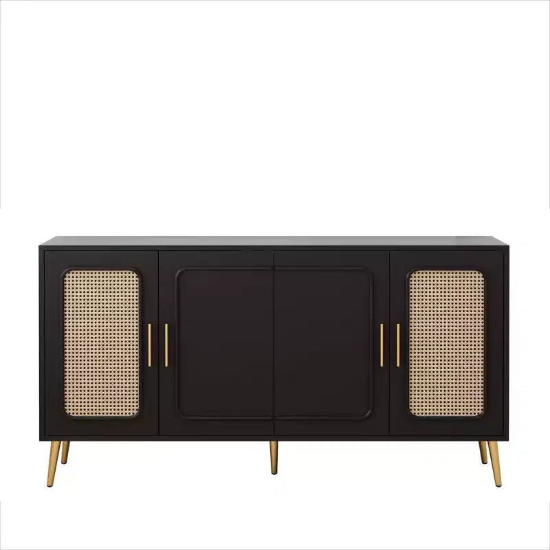 Credenza in Rattan Rustico con 4 Ante e Ripiani Regolabili