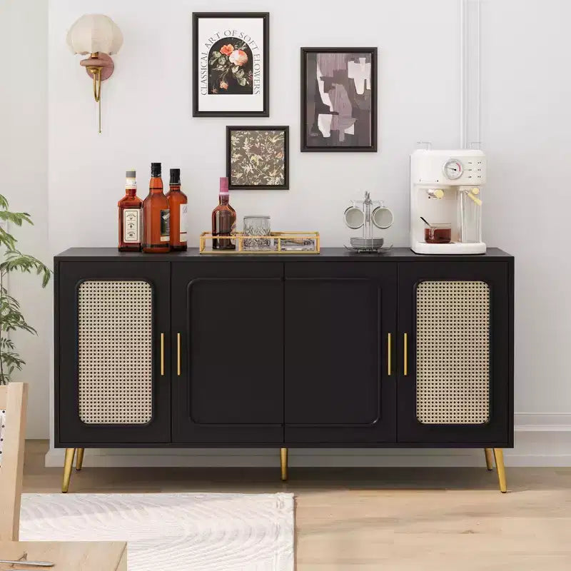 Credenza in Rattan Rustico con 4 Ante e Ripiani Regolabili