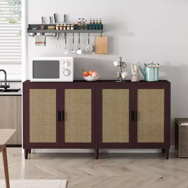 Credenza in Rattan Rustico con 4 Ante e Ripiani Regolabili