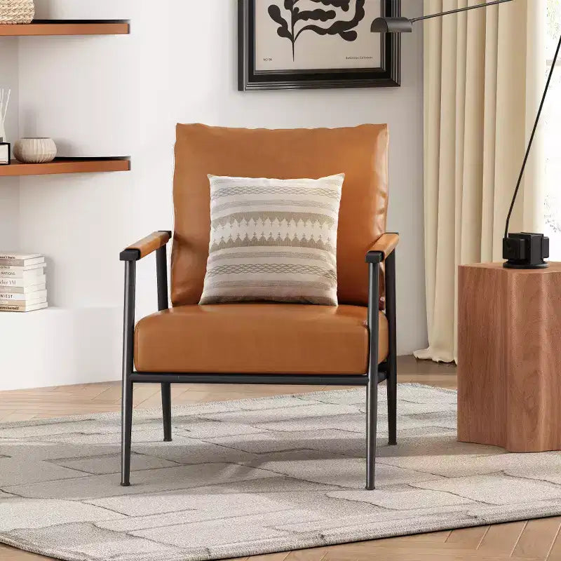 Poltrona lounge d'accento Mid-Century Modern in similpelle con schienale alto e struttura in metallo - Marrone