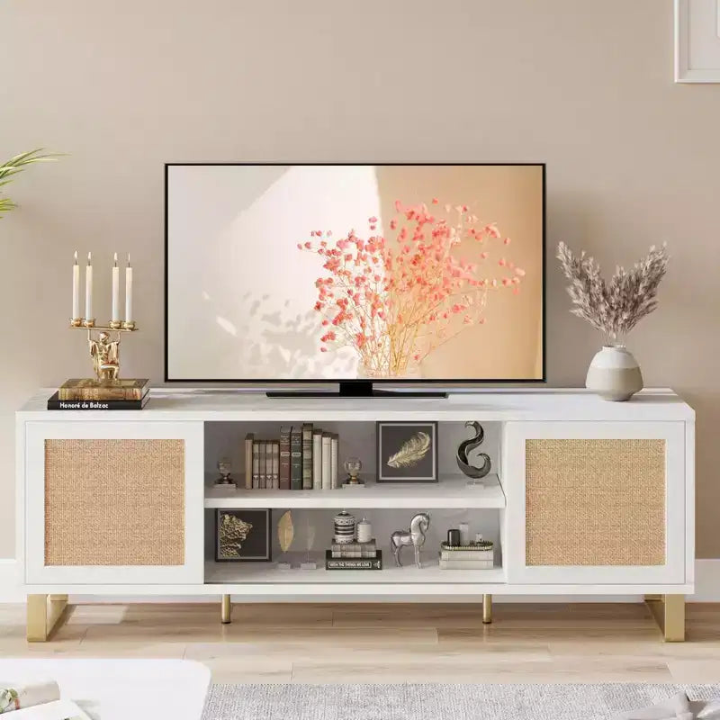 Mobile TV in Rattan con Ante e Ripiani Aperti, Adatto a TV fino a 65 Pollici