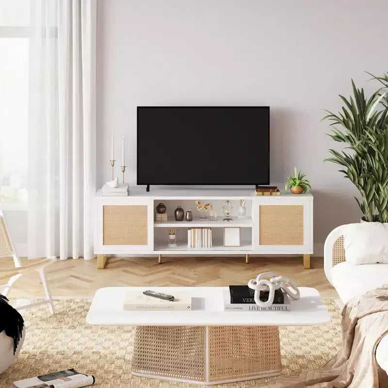 Mobile TV in Rattan con Ante e Ripiani Aperti, Adatto a TV fino a 65 Pollici